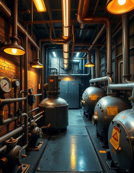 A highly detailed and realistic photograph of an industrial boiler room filled with large metal boilers, complex pipe systems, and pressure gauges. The room is dimly lit with a mix of warm yellow lighting from overhead industrial lamps and cool blue reflections from metallic surfaces. The air is slightly hazy with steam escaping from some of the pipes. The floor is made of reinforced concrete with visible stains from oil and water. Various control panels with blinking LED indicators and warning signs are mounted on the walls. The atmosphere is rugged and mechanical, evoking a sense of power and industrial efficiency. The depth of field is sharp, capturing intricate details such as rust on old pipes, the texture of the metal surfaces, and the labels on the control panels. The composition emphasizes symmetry, with pipes and machinery creating a structured, almost futuristic aesthetic. 
<lora:SDXLFaeTastic2400:0.4> <lora:extremely_detailed:0.4> extremely detailed,<lora:industrial_boiler_room:1>,industrial b01l3r r00m, Masterpiece,best quality,hi res,8k,hi res,8k,award winning,(sharp focus, intricate, highly detailed),