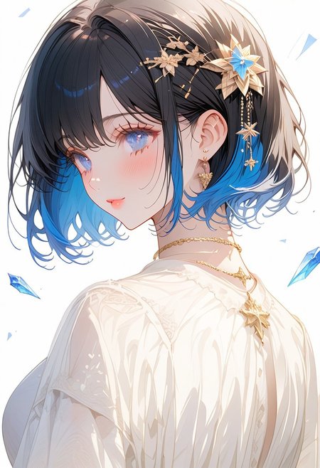 1girl, solo, ((Shion Tachibana, Perfect Face, Short hair, Black hair, Multicolored Blue hair, Expressive eyes, Blue crystal eyes)), expressive face, blushing, closed mouth, perfect body, perfect breast, tall, white skin, wedding dress, gold ornament, hair ornament, church, blue sky, cinematic lighting , cinematic angle, soft light , color detail, backlighting, Depth of field, long exposure, light steps,  intricate colors, vibrant colors, negative_hand, easynegative, verybadimagenegative_v1.3,