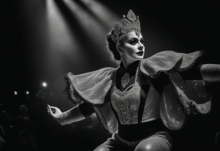 A professional black and white portrait image of a circus performer in action, depicting dynamism, emotion, and artistry. The image is ultra-high resolution and detailed, highlighting the performer’s face and movements.
The performer is dressed in an extravagant circus costume, adorned with sequins and embellishments. The face is depicted with extreme precision, showing concentration and emotion. His/her eyes radiate passion and dedication to the art.
The performer is captured in the midst of a dynamic movement, such as acrobatics or juggling. The pose is graceful and expressive, capturing the climax.
The lighting is dramatic, creating strong contrasts and emphasizing the texture of the skin and costume.
Costumes and decorations: Include details such as glittering sequins and embellishments on the performer’s costume, which add grace and extravagance.
Dynamics and Movement: Capture the artist's movements, showing the grace and strength needed to perform circus acts
HDR quality will highlight the details and texture of the scene.
Contrast and Texture: Black and white photography with HDR quality should emphasize the contrast between light and dark areas, creating a dramatic and emotional atmosphere.
Expression and Passion: The artist's face should radiate expression and passion, showing dedication to the art of the circus
The background and environment should create a sense of movement and energy, emphasizing the dynamics and artistry of the circus performances