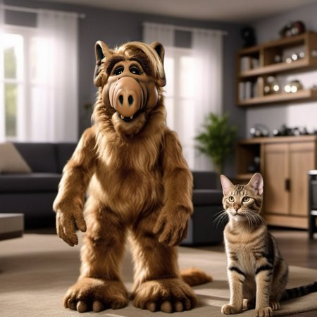 Alf1024, humanoid alien, full body, with cats, in a livingroom, detailed eyes, highly detailed, photography, ultra sharp, film, bokeh, professional, 4k  <lora:add-detail-xl:1.5> <lora:Alf1024:0.8>