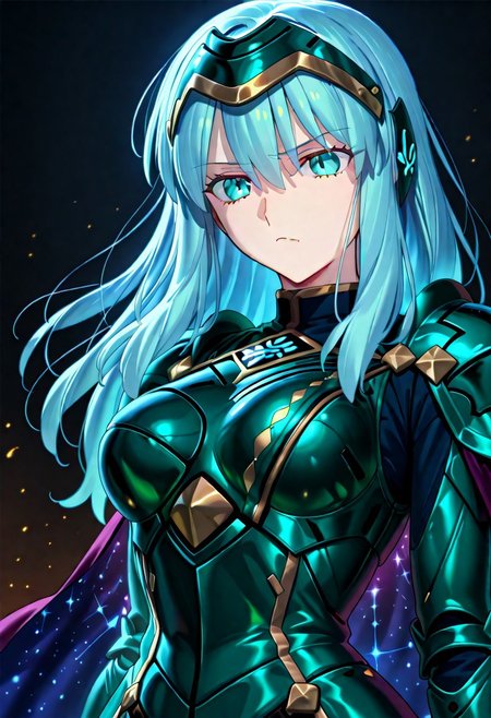 score_9, score_8_up, score_7_up, ((solo)), calm, pout, closed mouth, 1girl, solo, (medium breasts, thin waist, wide hips), peaceful, closed mouth, adult, (((eirika face))), (((cyan hair, cyan eyes))), ((long hair, hair between eyes)), (((indigo cape, metal headband, green metal_uniform, metal breast_armor))), no background, dark background, cowboy shot, dark background, portrait, Expressiveh,