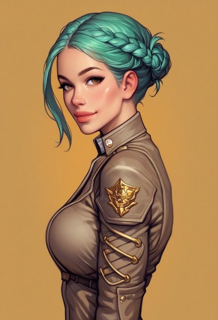 ((((side view))))
beautiful color, aesthetic, 2d,
(zeon pilot:1.3), ((khaki suit)), 
solo, standing, (battleground, explosions:1.5)
1girl, cute face, modest smile
((turquoise hair, folded in french braid, long side bang hairstyles)), 	
big natural breasts, 
focused, looking at viewer,
(((full-clothed))), dynamic pose
BREAK 
score_9, score_8_up, score_7_up, score_6_up, source_cartoon, rating_explicit, Expressiveh, (((((upper body))))), dynamic pose