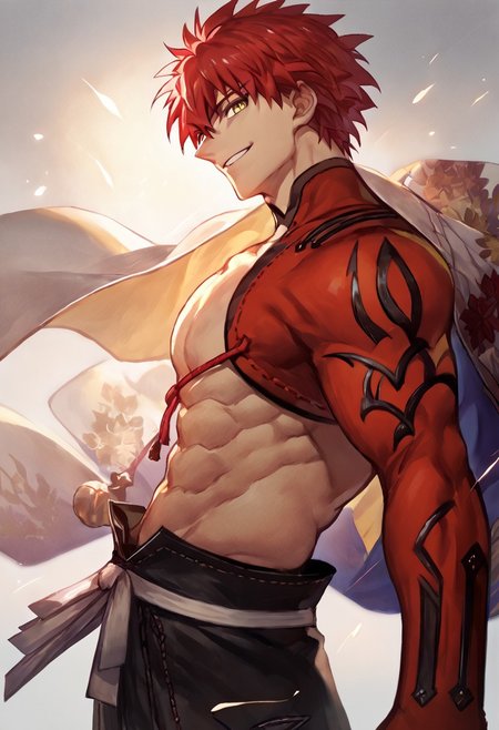 score_9, score_8_up, score_7_up, score_6_up, score_5_up, score_4_up, source_anime, male focus,  senji_muramasa_(fate), red hair, yellow eyes, muscular, shirtless, smile, side view, looking at viewer,
