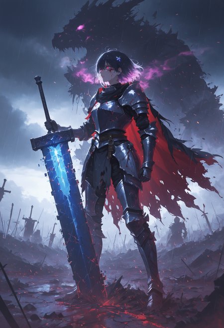 
(1girl),(last warrior standing on a battlefield, gripping a massive greatsword:1.8),
(battle-worn armor, cracked metal, dried blood on his face and hands:1.7),
(dark cloudy sky, distant fires in the background, ruined city walls behind him:1.6),
(torn red cape fluttering in the wind, deep scars across his armor:1.7),
(eyes filled with pain and determination, breathing heavily, final stand energy:1.8),
(warrior standing tall, preparing for the last fight, opponent approaching in distance:1.7),
(swords and broken shields scattered around, battlefield soaked in blood and dust:1.6),
(subtle embers drifting in the air, wind carrying ash from burning banners:1.5),
(realistic ground textures, mud, shattered stone, cracks in earth from battle:1.7),
(dynamic pose, high-intensity atmosphere, focused composition on warrior:1.8),
(fog creeping in the background, heavy rain beginning to fall, wet armor reflections:1.6),
(dramatic cinematic lighting, deep contrast but balanced shadows:1.7),
(ultra-detailed shading, realistic textures, volumetric fog, epic fantasy setting).,
