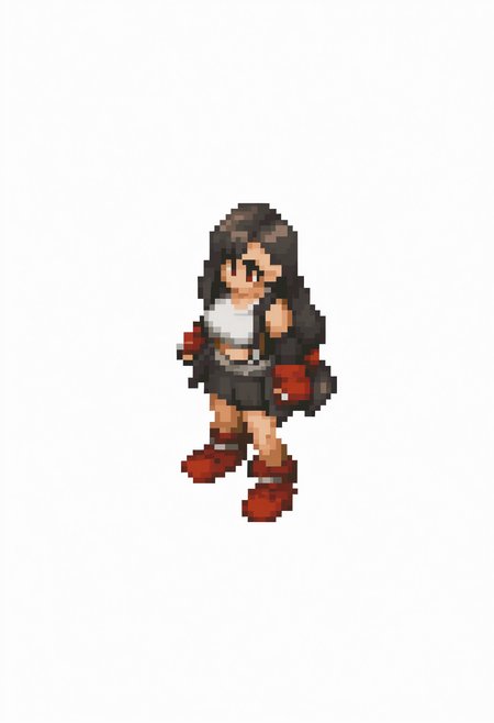 masterpiece, best quality, solo, 1girl, <lora:FFT-Sprites-illus_Fp:1>, looking at viewer, from side, full body, standing, solid oval eyes, no mouth, no nose, pixel art, simple background, white background, tifa lockhart,