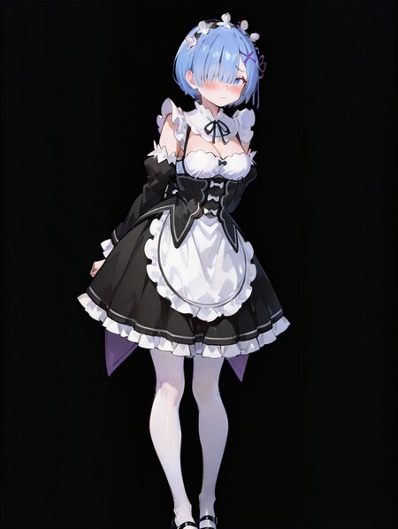 perfect quality,high quality,masterpiece,best quality,amazing quality,very aesthetic,absurdres,newest,
front view,full_shot,shy,
REMCYQL,1girl,solo,short hair,blue hair,bangs,hair over one eye,ribbon,hair ribbon,purple ribbon,hair ornament,x hair ornament,maid headdress,blue eyes,neck ribbon,roswaal mansion maid uniform,maid,cleavage,underbust,black ribbon,long sleeves,detached sleeves,apron,white apron,waist apron,skirt,black skirt,frilled skirt,pantyhose,white pantyhose,frills,mary janes,black footwear,
full body,standing,arms_behind_back,,
midnightblue background,simple background,
<lora:spo_sdxl_10ep_4k-data_lora_webui:0.5>,<lora:illustrious_all_rated_v1:0.6>,<lora:748cmSDXL:0.8>,748cmstyle,<lora:DarkerThanBlackIllustrious:0.5>,<lora:EtherSDXL:0.5>,EtherStyle,,<lora:REM_Illustrious by Cyql:1>,