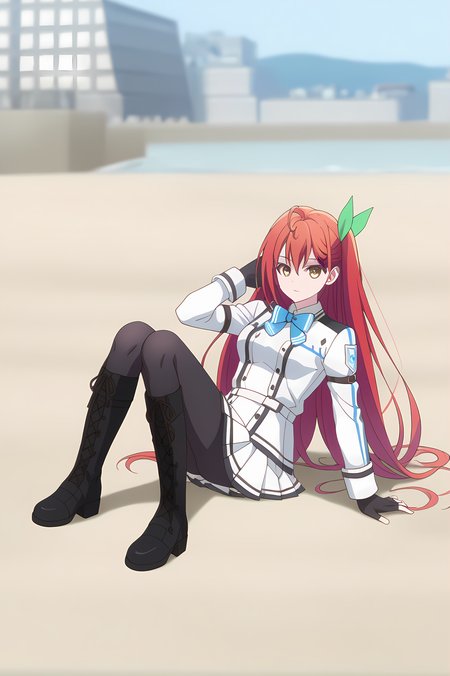 (white jacket white skirt black pantyhose black boots:1.20), gg-leoleshea, red hair, long hair, hair ribbon, medium breasts, 1girl, solo, (skinny, petite), score_9, score_8_up, score_8, score_7_up, score_7, score_6_up, score_6, score_5_up, score_5, source_anime, lewd, sunset outdoors, (1.3::full body|0.3::sitting|0.4::standing|0.4::lying|straight-on|0.6::close-up| :1.20), , <lora:gg-leoleshea-V01-000004:1.00>