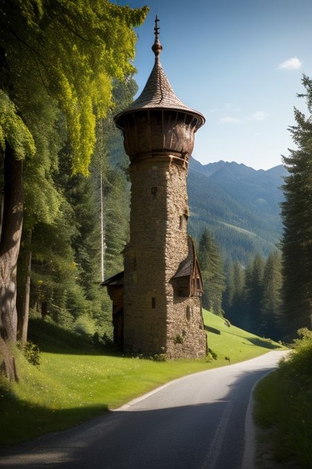 realistic analog photo, award winning photo, stone witow, no humans, scenery, blue sky, road, nature, outdoors, RAW, highres, 8k, uhd, High Dynamic Range, tonemapping, crisp details, portcullis,