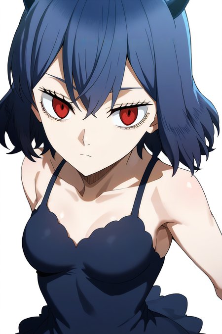 sharp focus, pixiv masterpiece, source_anime, score_9, score_8_up,  score_7_up,  absurd res, high res, BREAK
Secre_Swall0wtail_XL, 1girl, solo, <lora:Secre_Swallowtail_Illustrious_v53-000017:1> , dark-blue hair, red eyes, simple background, white background, dark_blue_sleeveless_dress, cowboy shot, small breasts