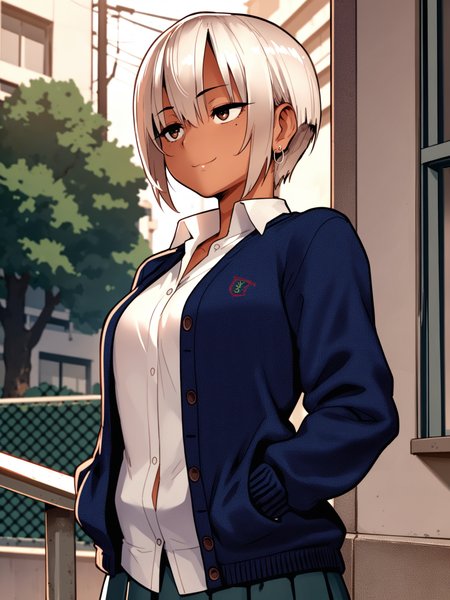 <lora:happy_tentacle-cherry_asuka-v0.1-000030:1>, ht_cherry_asuka, earrings, tan, brown eyes, school uniform, collared shirt, cardigan, outdoors , 1girl, solo, cowboy shot, thighs , half-closed eyes , ( seductive smile :1.1), , looking down , standing , , score_9, score_8_up, score_7_up, score_6_up, score_5_up, score_4_up