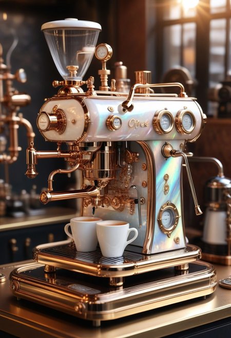 pearlescent  style steampunk coffee machine with mother-of-pearl decoration. Realistic technical photo, detailed, pipes, taps, an analog instrument, decorative structure on the counter of a coffee shop. Sunshine. incredible detail, highest quality, 8k ultra-high resolution, visual masterpiece, vibrant, warm
