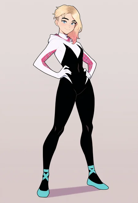 masterpiece, best quality, very aesthetic, absurdres,
1girl, gwenstacy, blonde hair, blue eyes, asymmetrical hair, eyebrow piercing,
hooded bodysuit, ballet shoes, spider web print,
hands on hips, smile, full body, solo, looking at viewer, standing, simple background, white background  <lora:GwenStacyNoobXL_byKonan:1>