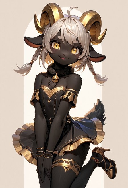 score_9, score_8_up, score_7_up, source_anime, solo, cute goat demon, ((femboy)), ((black fur:2)), (two toned fur:0.8), chest tuft:0.2, fur lining cleavage, goat eyes, detailed makeup, gold eye liner, perfect face, (yellow eyes), leaning over, flat chest, fur sheen, bratty pose, teasing, cute pose, cute fang, wry smile, skirt, fishnet thigh highs, high heels, standing, lifting skirt, sultry glance, cute jacket, one leg jeans, short hair, long braid, white hair, punk hair style, fur around collar, (small horns), golden horns, thin waist, wide hips, thick thighs, cute bulge,