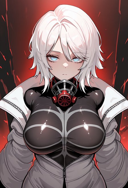 masterpiece, amazing quality, very aesthetic, 
faust thoracalgia, 1girl, solo, blue eyes, short hair, white hair,  <lora:Faust_Thoracalgia_limbus_company1:0.8>, closed mouth, respirator, open coat, standing, upper body, looking ar viewer, bodysuit,