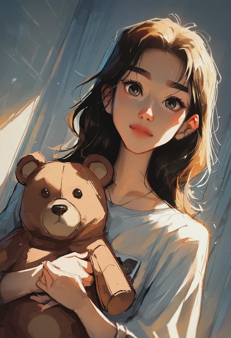 source_cartoon, score_9, score_8_up, score_7_up, 1girl, solo, perfect eyes , Pretending to hug a teddy bear, dutch angle, lower body, rating_safe, <lora:sdxl\pony diffusion\artist_styles\sam_does_arts_pony:0.9>