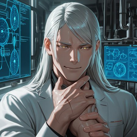 masterpiece, best quality, amazing quality, absurdres, newest, detailed background, definition so sharp, Ultra-HD, 8K cinematic, very awa, impressionate, amazing quality, highres, 
solo, male focus, manly, shadow, shiny skin, mature male, extream close-up, soft coloring,
mitsuhisahachiya, mitsuhisa_grey hair, mitsuhisa_yellow eyes, 1boy, long hair, scar across eyebrow, innovator, scientist, inventor, laboratory, blueprint, futuristic_technology, hopeful_expression, inspiring, visionary, smart_casual, clean_lines, bright_lighting, warm_smile, helping_hand