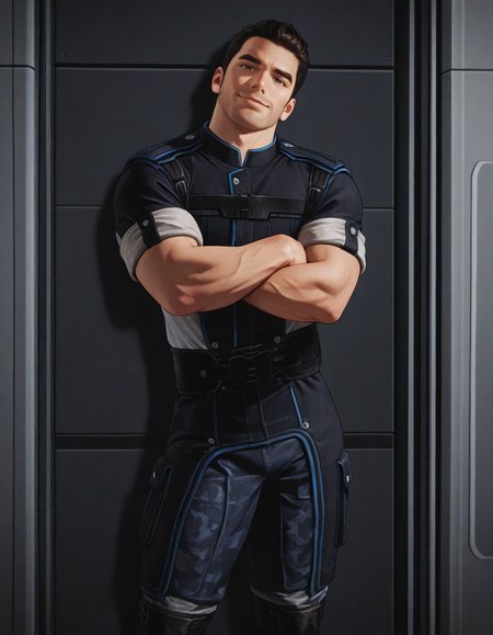 masterpiece, best quality, newest, perfect quality, best quality, detailed background, intricate details, male focus, solo, <lora:Mass Effect - Kaidan Alenko - Illustrious-000006:0.7>, mekalenko, 1boy, dark brown hair, short hair, thick stubble, brown eyes, looking at viewer, contrapposto, spacecraft interior, uniform shirt, sleeves rolled up, uniform belt, uniform pants, uniform boots, head tilt towards viewer, smirk, standing, crossed arms, against wall, hallway