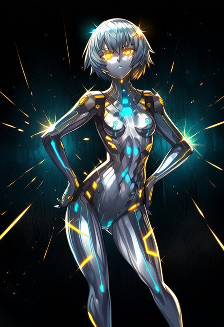 score_9, score_8_up, score_7_up, score_6_up, score_5_up, score_4_up, 2D, ibenz,
BREAK
1girl, liquid mercury, solo,
silver body, short hair, silver hair, 
((yellow lines, yellow eyes, glowing eyes)), ((petite, small breasts, short height)), 
confident pose, hands on hips, 
(cyberspace) black background, blue energy lines, blue code, detailed background,
