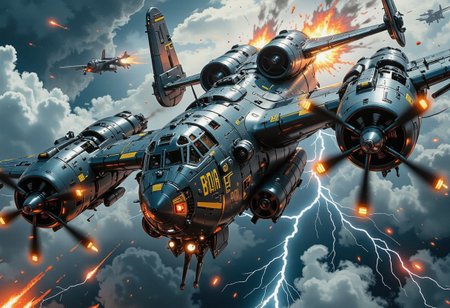 A hyper-detailed, wide-view, high-angle shot captures a breathtaking futuristic sci-fi cinematic scene, 3/4 front view of. The plane is hit, it is on fire, smoke and fire are coming out of the fuselage. The dramatic storm-laden sky forms the backdrop, with swirling, dark clouds illuminated by streaks of lightning. Below, a colossal, double-body heavy aircraft dominates the scene, its immense silhouette cutting effortlessly through the tempestuous atmosphere. The plane, a fusion of grimdark aesthetics and futuristic design, boasts twin propellers on each body’s front, their spinning arcs carving through the storm. Forged from dark gunmetal alloy, the twin fuselages glisten faintly under the sporadic flashes of lightning, their surfaces adorned with intricate golden runes and glowing cybernetic lines that pulsate with ethereal energy. Massive wings, equipped with engines and weaponry, stretch outward, embodying power and mechanical precision. The high-angle perspective highlights the aircraft’s imposing size and intricate mechanical details. Guns protrude from reinforced turrets, their presence adding a menacing tone to the scene. The stormy expanse, layered with cinematic lighting and rich atmospheric depth, emphasizes the lonely journey of this grim mechanical behemoth. Rendered in ultra-realistic 32k resolution, this masterful digital artwork blends technological artistry with the haunting beauty of a storm-battered sky, evoking awe and wonder.