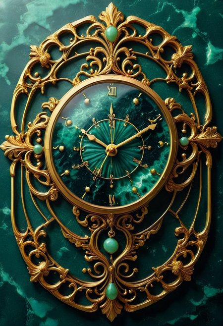made from jade and obsidian, jade, obsidian,score_9, score_8_up, score_7_up, expensive looking, clock, golden clockhandsб golden metal pattern (mtlartCE_style)