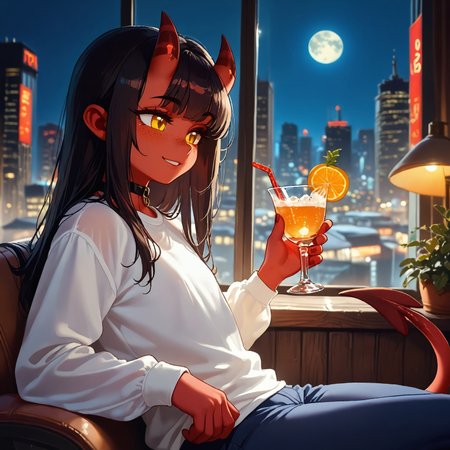 score_9, score_8_up score_7_up, score_6, BREAK masterpiece, high quality, perfecteyes, detailed background, depth of field, SkinDetail, cinematic lighting, shading, meruccubus, 1girl, 2d, red tail, horns, demon tail, long hair, black hair, choker, yellow_eyes, freckles, colored skin, red skin, demon_girl, flat chest, black outline, looking outside window, bottle, relaxing, holding glass cocktail, focus solo, on side, sitting window bench, long sleeves, white shirt, blue pants, shirt, indoors, building, interior, night sky, moon, city lights, city background, city theme, huge glass windows, smile