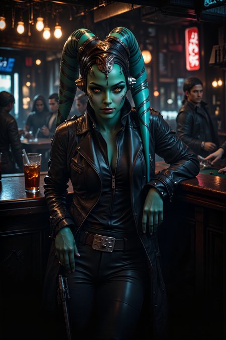 A hyper-realistic portrait, photorealistic photo close-up image of In a smoky, dimly lit cantina on the outer rim, a Twi'lek smuggler with turquoise skin and sharp, amber eyes leans casually against the bar, her lekku draped over her shoulders as she watches the room. Her leather jacket, scuffed and worn from years of use, is unzipped just enough to reveal the glint of a concealed blaster beneath. The cantina is filled with the murmur of low conversations and the occasional clink of glasses, while a droid band in the corner plays a slow, jazzy tune that echoes through the room. The air is thick with the smell of spice and stale drinks, and the faint glow of neon lights casts long, flickering shadows across the patrons. At a nearby table, a group of Rodians and Weequays are engaged in a heated game of sabacc, their eyes shifting nervously toward the smuggler. The bartender, a grizzled Ithorian, polishes a glass absentmindedly as he glances warily in her direction. The smugglerâs lips curl into a knowing smirk as she reaches for her drink, her eyes never leaving the mark sheâs been tracking for days. The scene is one of tension and danger, where every glance and gesture carries the weight of unspoken threats. (photography, high-resolution, dynamic, energetic,hyper-realistic, dramatic lighting, shallow depth of field.), detailmaximizer, MythP0rt<lora:midjourney_whisper_flux_lora_v01:0.55><lora:aidmaMJ6.1-FLUX-V0.1:0.4><lora:FluxMythP0rtr4itStyle:0.4><lora:detailed_flux_ntc:2.2><lora:aidmaImageUpgrader-FLUX-V0.1:0.65><lora:TwiLek_Girls>