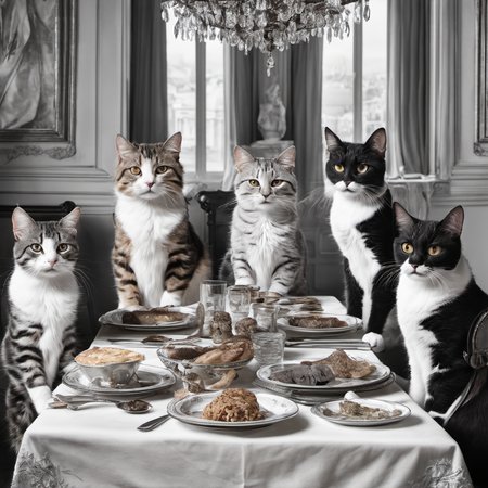 Cats having dinner, in the style of The Last Supper, detailed, realistic, 8k uhd, high quality, ((masterpiece))