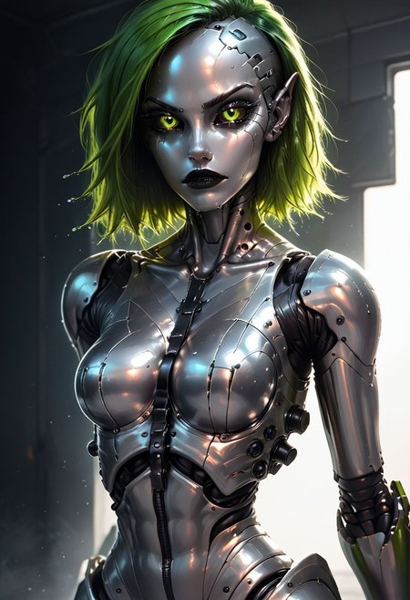 Alien, Score_9, score_8_up, score_7_up, realistic art style, photorealism, android girl, gray metallic skin, grey metallic body, robot body, (green hair), hair covers on one side of the head,  opposite sides of the head shaved, girl, portrait, (black sclera), (green iris), green eyes, cybernetic lines across the face and body, panel lines, goth punk, cute, medium chest, slight cleavage, full colour, mech armour, android augmentation, wide angle, skin detail, wet, exoskeleton, sweat glistening, dynamic lighting, dramatic lighting, pretty face, covered in thick sweat, small round breasts, breasts together, cleavage, metal body harness, chrome buckles, wrists tied in front, arms squeezing breasts, back arched, latex catsuit, kneeling, above pov,