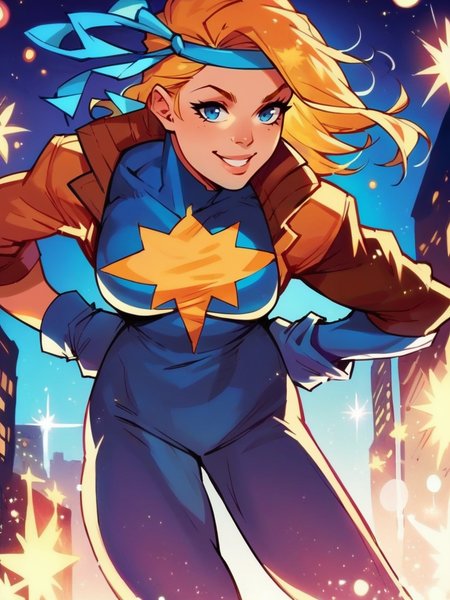 score_9, score_8_up, score_7_up, leaning forward, cute pose, cowboy shot, (dynamic pose:1.1), dynamic angle, light smile, hands on hips, city, night, from below,
 <lora:DazzlerClassic_character:1>, DazzlerXLP, blonde hair, blue eyes, hairband, bodysuit, star \(symbol\),