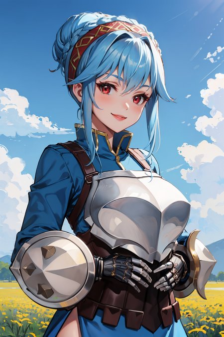 masterpiece, best quality, 1girl, solo <lora:uovirginia-nvwls-v1-000009:0.9> uovirginia, hair bun, red eyes, crown braid, hairband, blue dress, long sleeves, armor, corset, pelvic curtain, gauntlets, looking at viewer, smile, blue sky, upper body, large breasts, field