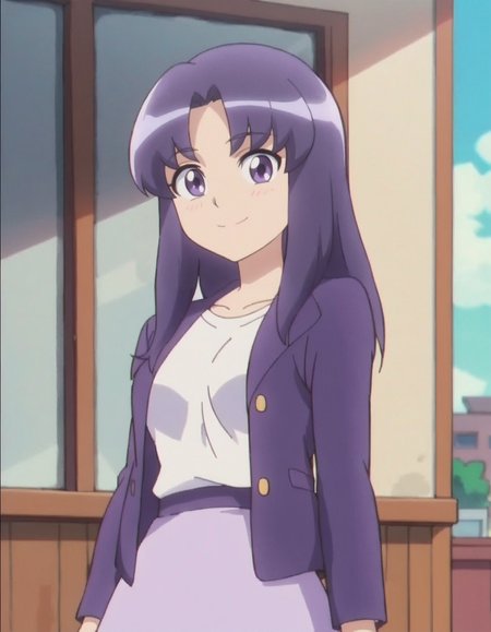 score_9, score_8_up, score_7_up, anime screencap, solo,1girl,hikawaiona,purple skirt, smile,purple jacket, looking at viewer, white shirt,  long sleeves,medium breasts,cowboy shot, blush,<lora:hikawaiona:0.8>