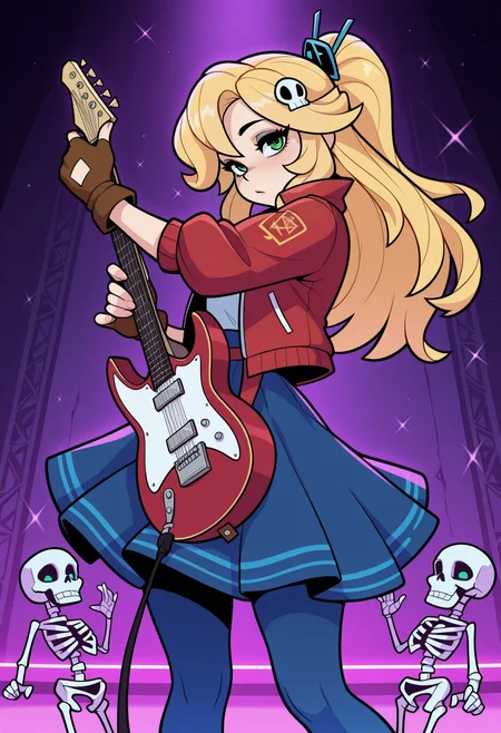 masterpiece, best quality, amazing quality, solo,necrodancerStyle  <lora:necrodancerStyle_illustrious_byJaneB:1>, 1girl,
blonde hair, guitar, instrument, blue skirt, red jacket, green eyes, brown fingerless gloves, long hair, blue pantyhose, electric guitar, dancing skeletons, hair ornament,