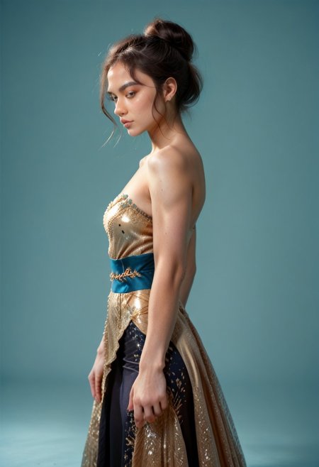 score_9, score_8_up, score_7_up, black colored kebaya dress (long dress, skin tight, strapless, off shoulder, luxurious design, simple sash, sequin skirt, brocaded),
pureerosface_v1, JDMAI_KEBAYA, JDMAI_ARIEL_SARI, 
(dynamic lighting), (dynamic shadow), 4k, HD, Hi res, cinematic masterpiece, photographic masterpieces, epiCPhoto,
Neat hair bun, professional makeup, side view, 
Portrait, upper body, alluring pose, confident facial expression, 
(simple turquoise background), (blurry background), (sharp focus on object),