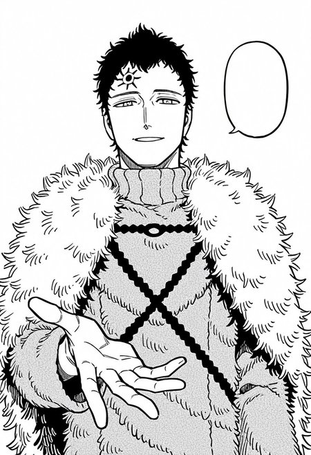 lucius(humanform), parted lips, smile, upper body,1boy, solo, short hair, black hair, sun mark on forehead, (fur robe), detailed knit texture, dark chest straps,fur trim, turtleneck, fur mantle, fur cape, long sleeves, middle body, standing, extended hand, hand, looking at viewer,blank speech bubble,  front view,  simple background, manga style, monochrome, greyscale