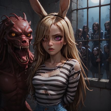 score_9, score_8_up, score_7_up, 1girl, cute face, petite, freckles, bttrfrckl, tan skin, heterochromia, pink eyes, hair over right eye, hair over one eye, blonde hair, messy hair, very long hair, medium breasts, rabbit ears, arms behind back, restrained, fading makeup, black nails, pout, upper body, dark theme, low light, horror scene, prison_clothes, prison clothes, tight clothes, striped shirt, long sleeves, torn shirt, prison cell, <lora:prison_clothes_XL:0.7>, BadDream, eye catching, drab, zombies, monster, undead, grabbed, undressed, cutoffs, wet, sweaty,