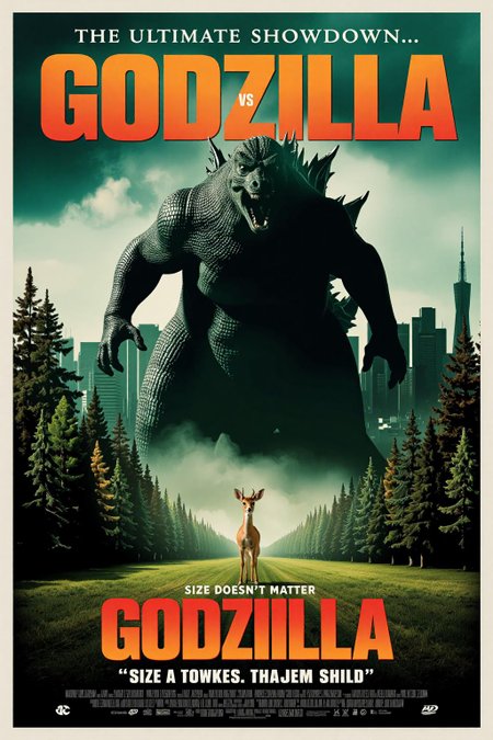 mvpstr. Epic Movie poster for "Godzilla vs. Bambi", showing a hilariously mismatched face-off between a colossal, roaring Godzilla and a tiny, wide-eyed Bambi. Godzilla towers above, casting a massive shadow over a peaceful forest clearing, with one foot raised dramatically as if about to step down. Meanwhile, Bambi stands frozen, looking up in utter shock, his small frame emphasizing the absurdity of the encounter.
The tagline reads: "The Ultimate Showdown... Size Doesn't Matter!" The background features a smoky, city skyline fading into the forest, blending epic action with a touch of comedy. The overall tone is lighthearted, poking fun at classic monster movie posters with vibrant colors and exaggerated expressions.
 <lora:schnell_v1.0:1.0> <lora:EpicMoviePoster-000015:1.0><lora:788694010307897603:0>