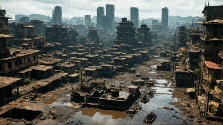 EdobHorrorLandscape, on a post-apocalyptic city drowned in poisonous sludge, 100 people scavenger the remains on the city  <lora:EdobHorrorLandscape_XL_v1.0:1>
