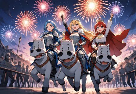 3girls, side-by-side, mature woman, queen, graceful,  blonde hair, sword, hold, arm raised,makibaoo, riding, crossover, horseback riding, reins, holding, chasing, 
BREAK, red hair, braids, knight, armor, makibaoo, riding, crossover, horseback riding, reins, holding, chasing, 
BREAK, blue hair, long hair, helmet, armor, cape, makibaoo, riding, crossover, horseback riding, reins, holding, chasing, BREAK, celebrating, victory parade, procession, fireworks, multiple girls,
BREAK, medieval town, cobble, night, crowd, cheering, masterpiece, best quality, very aesthetic, absurdres,newest, ,sharp focus, perfect light, dynamic light, heavy lines, black outline, beautiful detailed shading, beautiful, 8K wallpaper, vibrant colors, high saturation, 2020s, very awa,