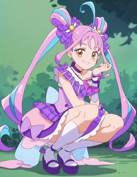 score_9, score_8_up, score_7_up, anime screencap,solo,1girl,curekyunkyun, purple choker, jewelry, dress, looking at viewer, magical girl, earrings, choker,dress, bow, wrist cuffs, hair ornament,small breasts,smile,blush,squatting
<lora:curekyunkuyn_pony:0.8>
