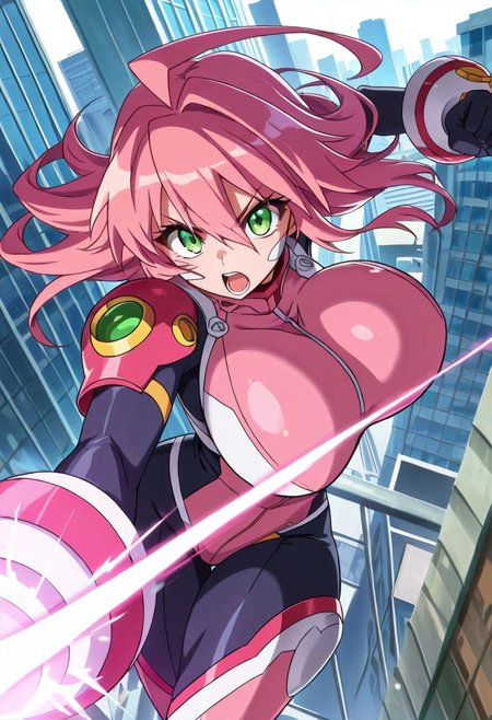 general,highres, ultra-detailed,very aesthetic,best quality ,best hands,best eyes,easynegative,
dynamic anglre, dutch angle, anime cloring,
1girl solo,looking at viewer,city,open mouth, fighting, 
MM,pink_hair, huge breasts, green eyes, long_hair, ahoge,bodysuits