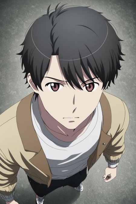 high resolution, solo, best quality, 1Boy, Inaho Kaizuka, Black Hair, casual, seen from above, gangster, dominant, intimidate, OverallDetail