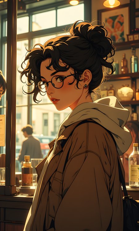 A woman with curly hair styled in a voluminous updo is the central subject, captured from a slightly low angle that emphasizes her presence. The camera focuses on her as she looks downward, wearing large round glasses and a brown jacket over a hoodie. Soft, diffused lighting filters through what appears to be a glass window, casting gentle shadows that highlight the texture of her hair and clothing. 
The light source seems to be natural, possibly from an outdoor setting visible through the window. In the background, blurred elements such as shelves with various items and indistinct figures create a sense of depth and context, suggesting an indoor space like a store or café. The composition centers on the woman, with her position and expression drawing the viewer's attention. 
The background elements frame her figure, adding to the overall atmosphere of the scene.
BREAK anime, d13s3lp2nk, bboil artist style, OBdonman, Anime art, <lora:FLUX\Anime Art V3:0.2>, <lora:FLUX\Synesthesia:0.2>, <lora:FLUX\RetroAnimeS1.1:0.5>, <lora:FLUX\Flux-jijia:0.1>, <lora:FLUX\It's a LoRA for portraits, BUT! actually specialized in backgrounds. v1.0:0.1>, <lora:FLUX\GLSHS:0.2>, <lora:FLUX\Dieselpunk Delight - s0_9 g4:0.4>, <lora:FLUX\OBdonman, anime0style portrait:0.1>