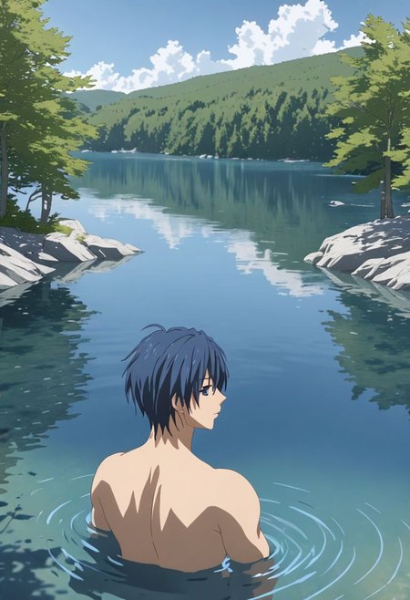 Anime Style, easynegative, detailed_eye_model, Highres, Masterpiece, High Quality, 4K, 8K, solo, 1boy, Tomoya Okazaki, Deep Blue Eyes, Grey Blue Hair, natural lake, clear water, calm water, trees, rocks, wood, clear sky, swimming, happy, calm, shirtless, clothes by the lake