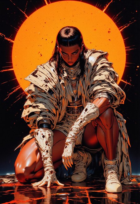 A hyper-realistic high-fashion portrait of a young woman in a bold, dynamic pose, crouching with one knee touching the reflective surface beneath her, the other leg bent, her white, knee-high boots firmly planted. Her athletic build is accentuated by a daring zebra-striped ensemble, featuring an oversized jacket with structured shoulders and high-waisted shorts that highlight her toned legs. The glossy texture of her boots contrasts strikingly with the bold, angular zebra print of her jacket and shorts, creating an interplay of light and shadow. Her long, dark hair is slicked back, sculpting her sharp, angular features, while her piercing gaze, full of confidence and determination, draws immediate attention. The background is a dramatic gradient of fiery orange and deep black, with the orange forming a radiant, circular "sun" behind her and the black spilling out like a cosmic abyss, blending abstraction and intensity. Soft but directional lighting accentuates the intricate textures of her outfit and the sheen of the reflective surface beneath her, which mirrors distorted hints of her pose and glowing orange hues. The composition is avant-garde, fusing high-fashion aesthetics with conceptual artistry to create a visually commanding, unforgettable image.