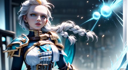 best quality, 1girl, cowboy shot, beautiful athletic Lady sxz-jaina-v2 casting a magic spell, torn and ragged clothes, dynamic pose, sharp face, white hair, single braid, medium boobs, armored pauldrons, white corset, (glowing blue eyes), particles, crystals of ice, magic glowing, sparkles, frost on the lens, masterpiece, film grain, (lens distortion:0.7), (chromatic aberration:0.7), intricate, volumetric lighting, realistic, realistic lighting, cinematic, 8k, cinematic lighting, masterpiece, perfect, hyper-detailed, photorealistic, intricate details, stop motion, tonemapping, sharp focus, hyper detailed, trending on Artstation <hypernet:sxz-bloom:0.6>