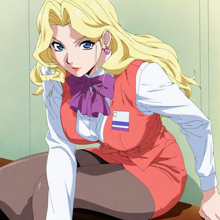 masterpiece,high score,great score,absurdres,solo,anime coloring,looking at viewer,<lora:AliceNonoyama hassakuill30:1> alicenonoyama, blonde hair, long hair, blue eyes, lipstick, earrings,vest,shirt,bow,skirt,pantyhose,