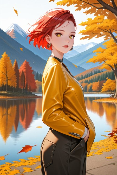 masterpiece, best quality, absurdres,
<lora:ILCyberAurore:0.8>
CyberAurore, 1girl, red hair, short hair, yellow eyes, loop earrings, looking at viewer, hands in pocket, outdoors, autumn, lake, tree, mountain, falling leaves, wind