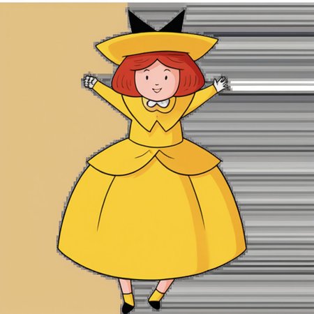 1girl, solo, Madeline, yellow hat with a black hair bow, white gloves, red hair, smile, full body, princess make up, Very long large floor length wide straight yellow tulle long sleeved ball gown hoop skirt, ball gown hoop skirt, yellow princess dress, hoopdress, white pearl necklace, long elbow length princess gloves, my big princess gypsy wedding dress, ballgown, a girl in a dress posing like a princess for a picture, looking at viewer, pretty eyes, she is posing, hands on hips, closed mouth, closed eyes,