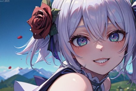 (masterpiece:1.4), 4K8K, (anime style), (high shutterspeed:1.4), (sharp edges), 
SyFyEye1, 
1woman  hands togather,  leaning foward, face focus, smile, 
wearing Celtic style dress, (Detailed face, Detailed eyes), 
any colored roses, Alps in the background,