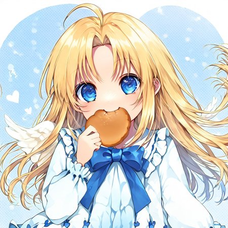 score_9, score_8_up, score_8, score_7_up, 
1girl, solo, AEFilo, blue eyes, blonde hair, ahoge, long hair, white wings, blue bowtie, white dress, frilled dress, frilled sleeves, long sleeves, barefoot, polka dots background, smile, eating, bread, loaf, eating, close shot, cute girl, looking at viewer,
cute, kawaii, hearts,